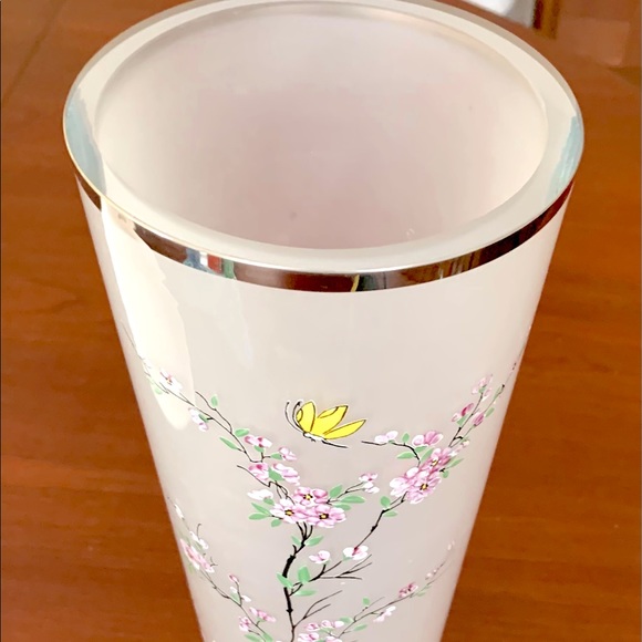 Milky White Sanded Art Glass Vase & Candle Bowl Set Handpainted Cherry Blossom - Picture 3 of 9